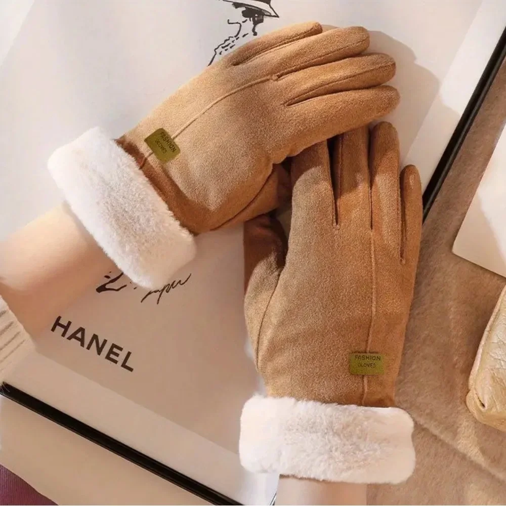 Gloves for Women, NEW, Khaki Color, Faux Fur, Feminine